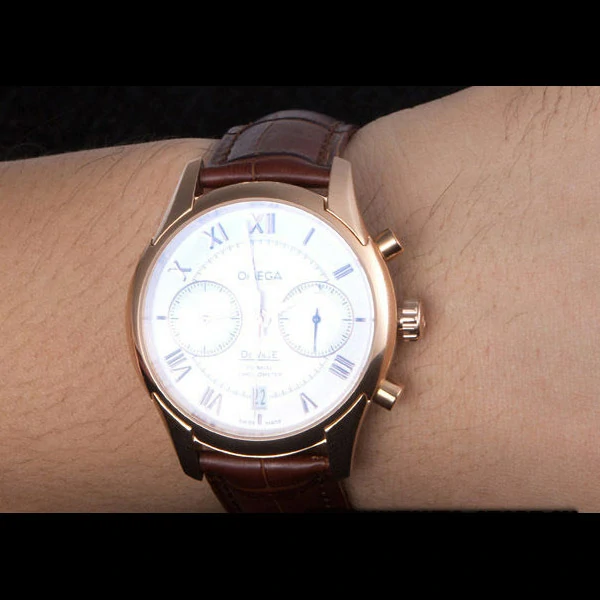 Omega DeVille Rose Gold Bezel with White Dial and Brown Leather Strap new59660