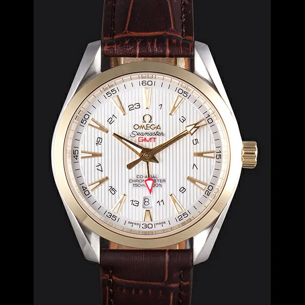 Omega Seamaster Gold Bezel with White Dial and Brown Leather Band new59665