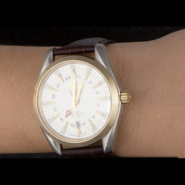 Omega Seamaster Gold Bezel with White Dial and Brown Leather Band new59665