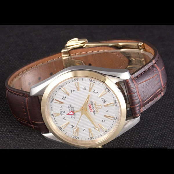 Omega Seamaster Gold Bezel with White Dial and Brown Leather Band new59665