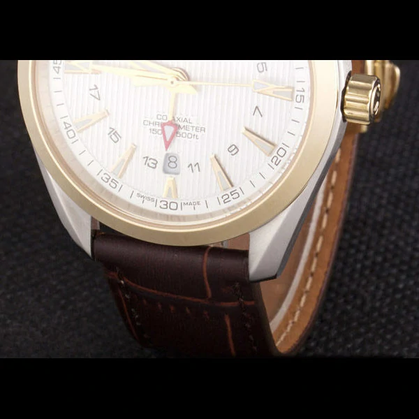 Omega Seamaster Gold Bezel with White Dial and Brown Leather Band new59665