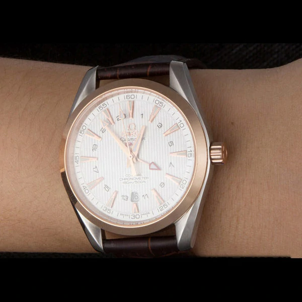 Omega Seamaster Rose Gold Bezel with White Dial and Brown Leather Band new59666