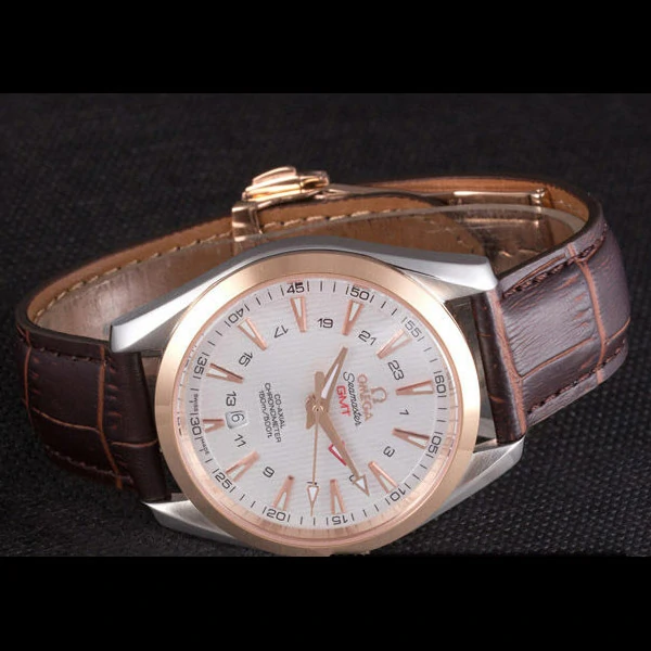 Omega Seamaster Rose Gold Bezel with White Dial and Brown Leather Band new59666