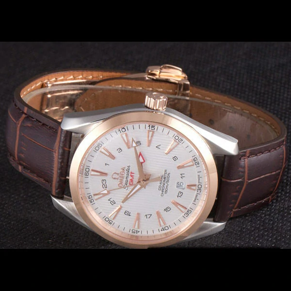 Omega Seamaster Rose Gold Bezel with White Dial and Brown Leather Band new59666