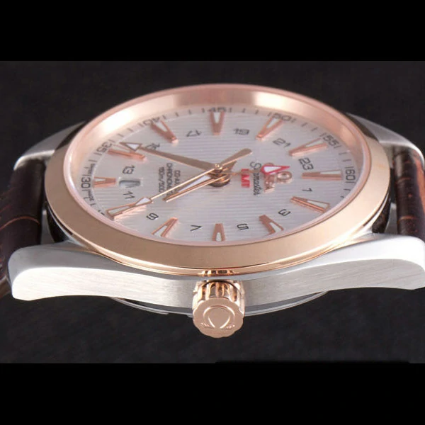 Omega Seamaster Rose Gold Bezel with White Dial and Brown Leather Band new59666