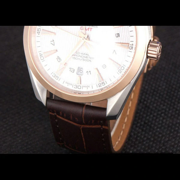 Omega Seamaster Rose Gold Bezel with White Dial and Brown Leather Band new59666