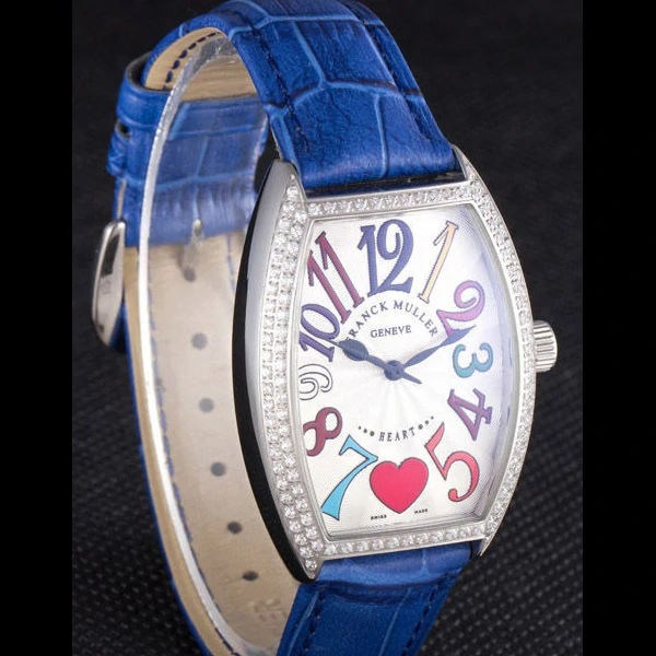 Frank Muller Heart Diamond Silver Bezel Blue Leather Band new59679