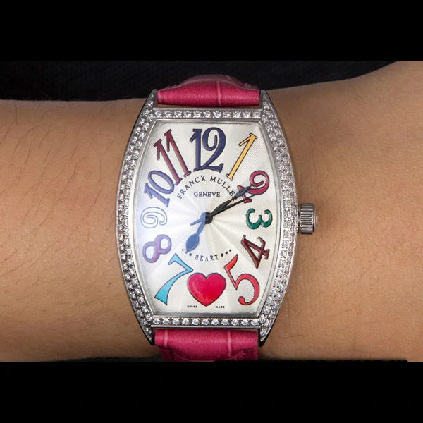 Frank Muller Heart Diamond Silver Bezel Pink Leather Band new59680