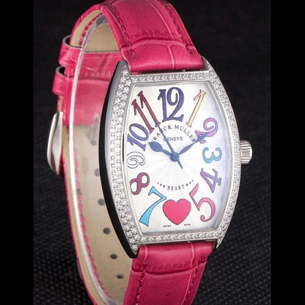 Frank Muller Heart Diamond Silver Bezel Pink Leather Band new59680