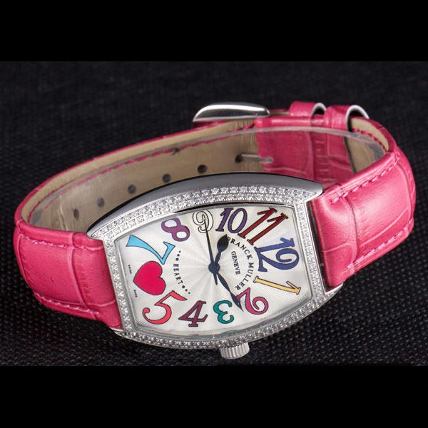 Frank Muller Heart Diamond Silver Bezel Pink Leather Band new59680