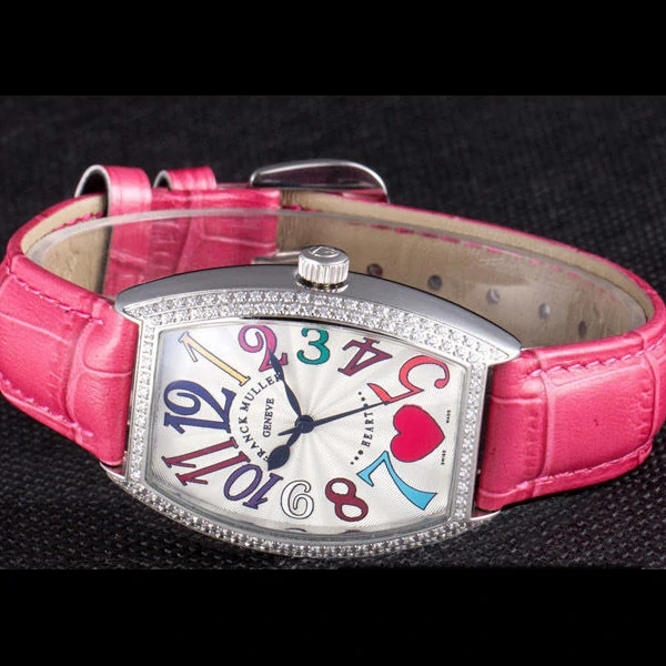 Frank Muller Heart Diamond Silver Bezel Pink Leather Band new59680