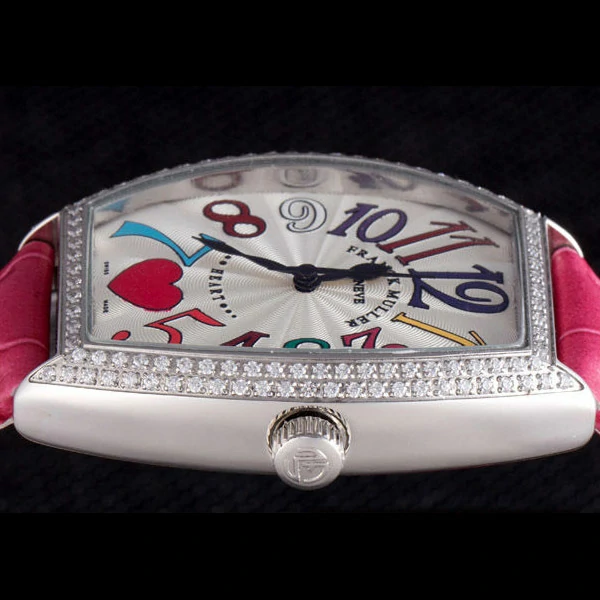 Frank Muller Heart Diamond Silver Bezel Pink Leather Band new59680
