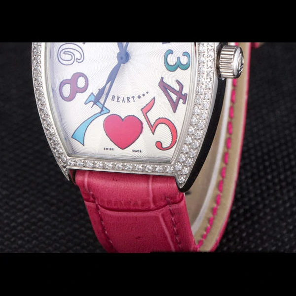 Frank Muller Heart Diamond Silver Bezel Pink Leather Band new59680
