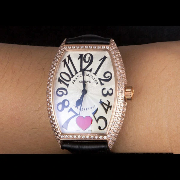 Frank Muller Heart Diamond Gold Bezel Black Leather Band new59681