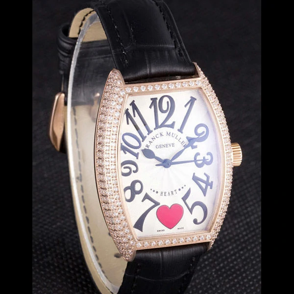 Frank Muller Heart Diamond Gold Bezel Black Leather Band new59681