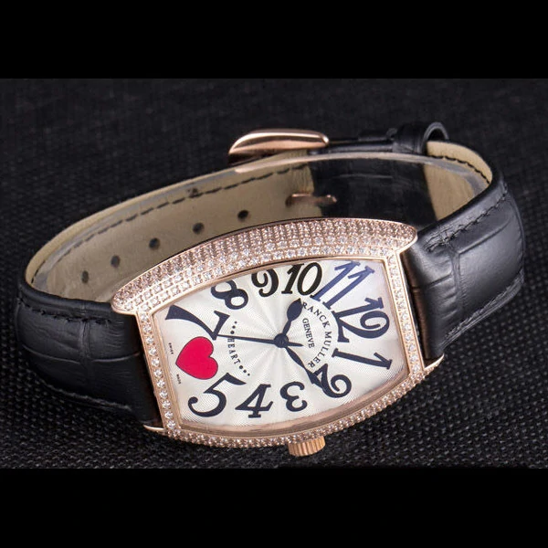 Frank Muller Heart Diamond Gold Bezel Black Leather Band new59681