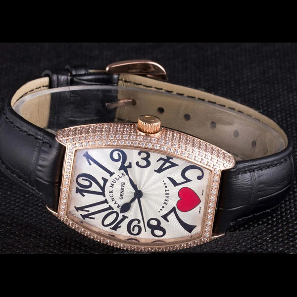Frank Muller Heart Diamond Gold Bezel Black Leather Band new59681