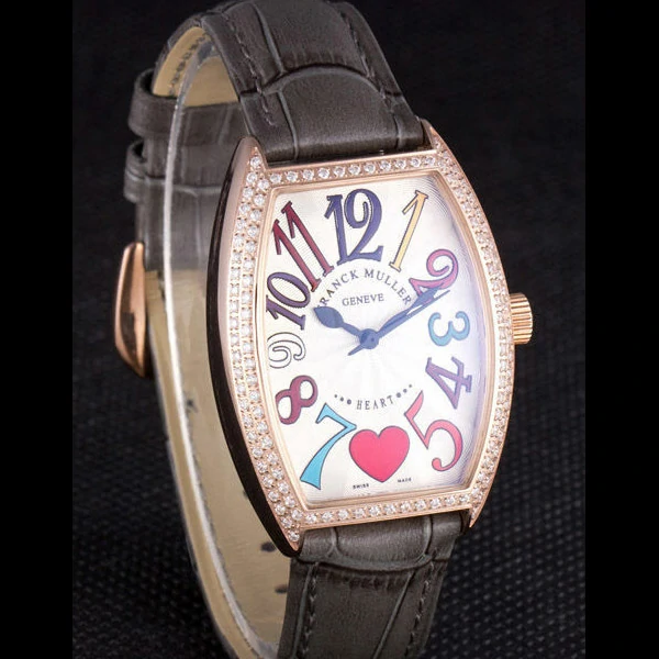 Frank Muller Heart Diamond Gold Bezel Grey Leather Band new59682