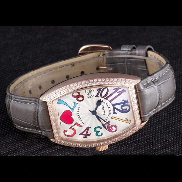 Frank Muller Heart Diamond Gold Bezel Grey Leather Band new59682