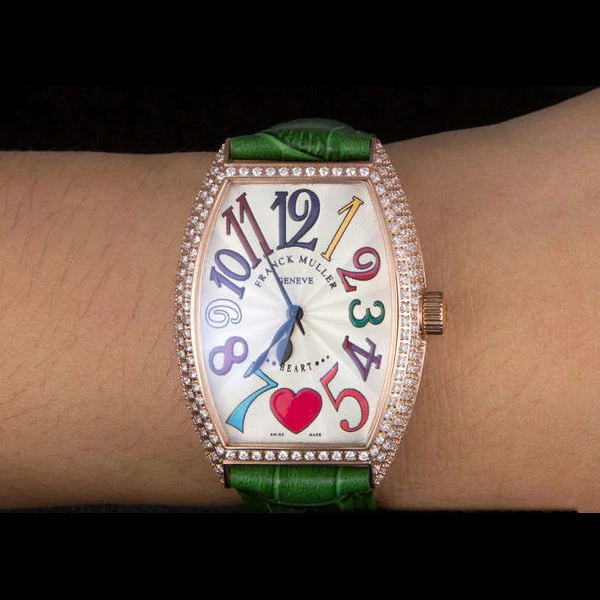 Frank Muller Heart Diamond Gold Bezel Green Leather Band new59684