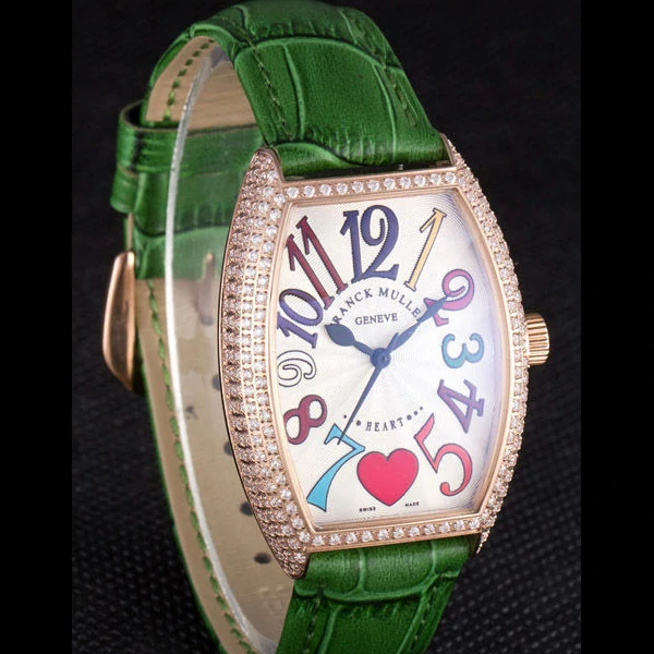 Frank Muller Heart Diamond Gold Bezel Green Leather Band new59684