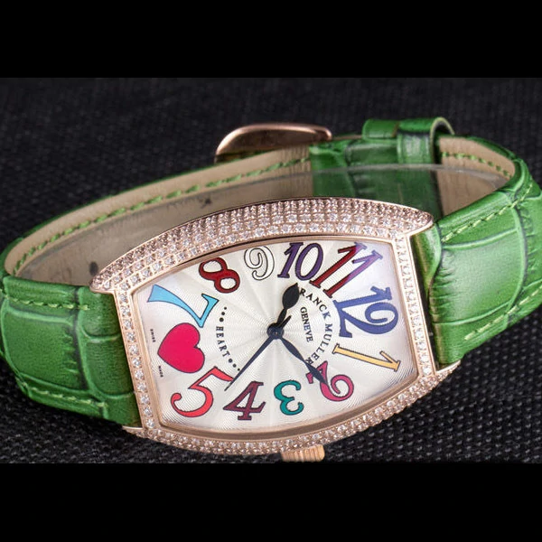 Frank Muller Heart Diamond Gold Bezel Green Leather Band new59684