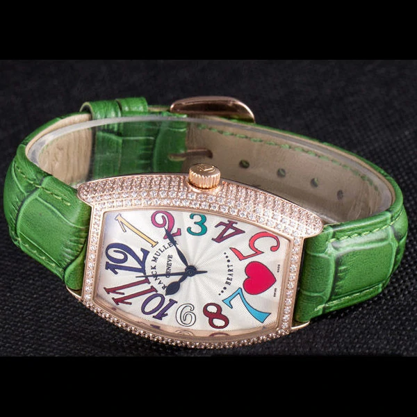 Frank Muller Heart Diamond Gold Bezel Green Leather Band new59684