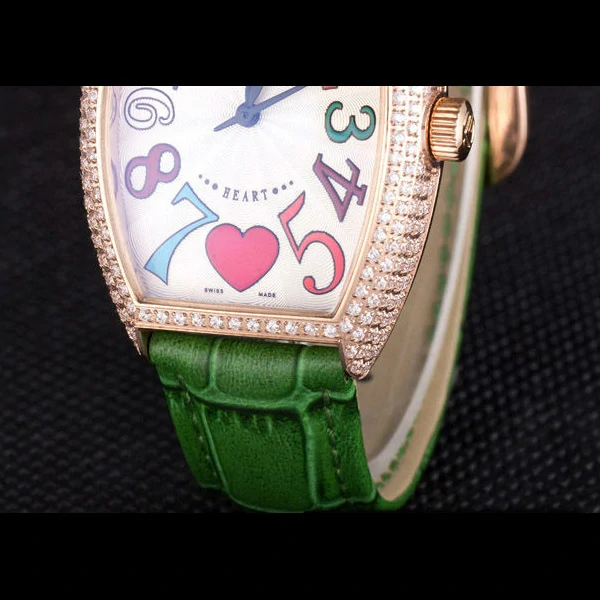 Frank Muller Heart Diamond Gold Bezel Green Leather Band new59684