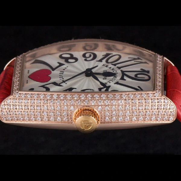 Frank Muller Heart Diamond Gold Bezel Red Leather Band new59685