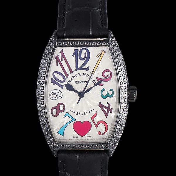 Frank Muller Heart Diamond Silver Bezel Black Leather Band new59686