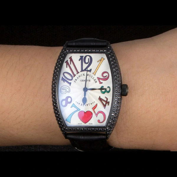 Frank Muller Heart Diamond Silver Bezel Black Leather Band new59686