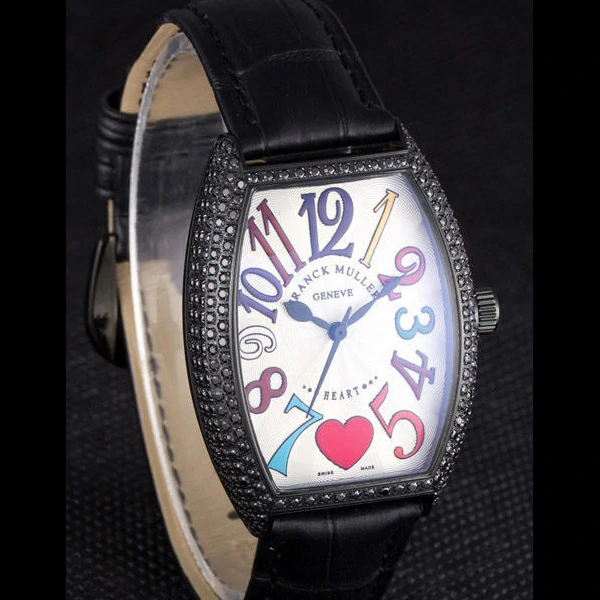 Frank Muller Heart Diamond Silver Bezel Black Leather Band new59686