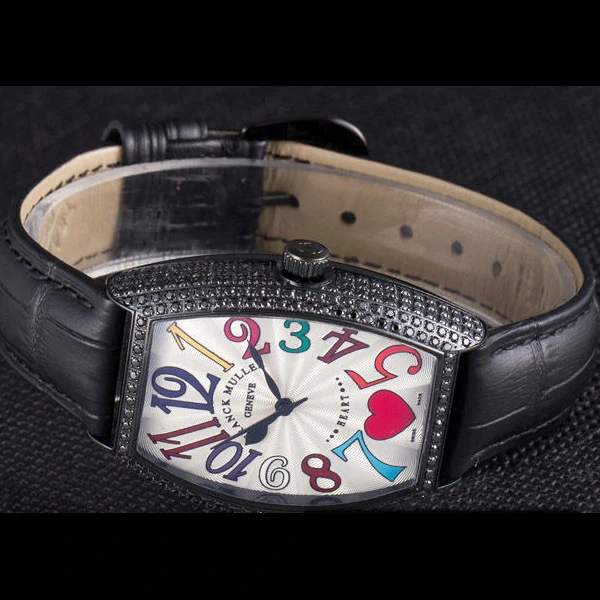 Frank Muller Heart Diamond Silver Bezel Black Leather Band new59686