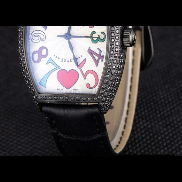 Frank Muller Heart Diamond Silver Bezel Black Leather Band new59686