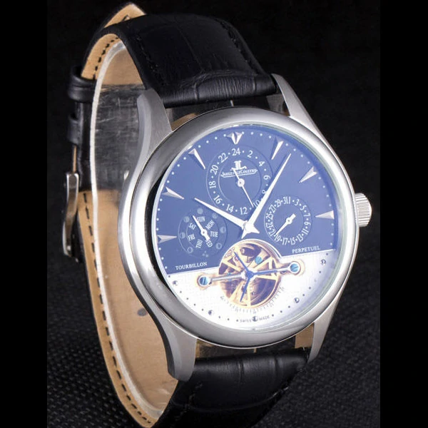 Jaeger Lecoultre Tourbillon Perpetuel Silver Bezel Black Leather Band new59705