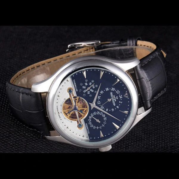 Jaeger Lecoultre Tourbillon Perpetuel Silver Bezel Black Leather Band new59705