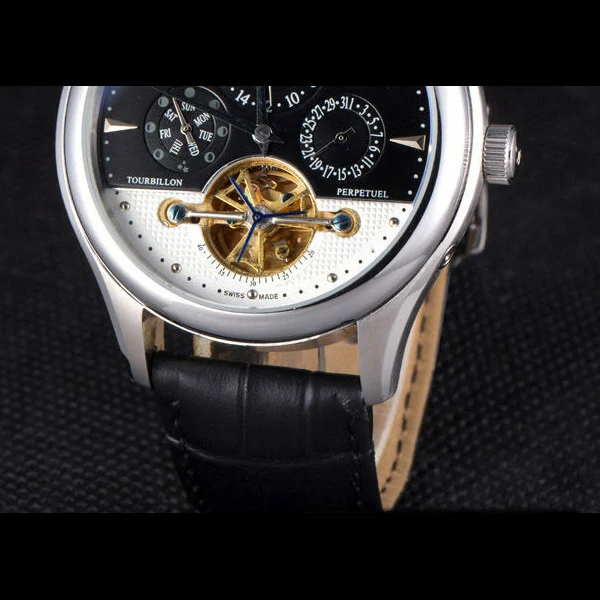 Jaeger Lecoultre Tourbillon Perpetuel Silver Bezel Black Leather Band new59705