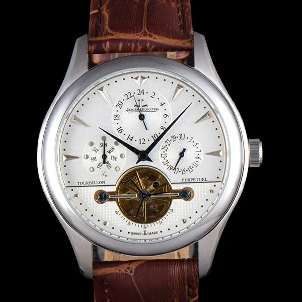 Jaeger Lecoultre Tourbillon Perpetuel Silver Bezel Brown Leather Band new59708