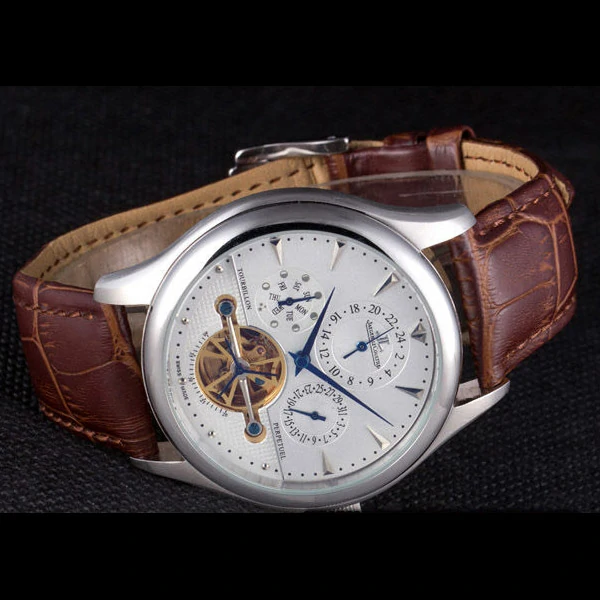 Jaeger Lecoultre Tourbillon Perpetuel Silver Bezel Brown Leather Band new59708