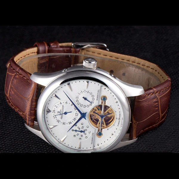 Jaeger Lecoultre Tourbillon Perpetuel Silver Bezel Brown Leather Band new59708