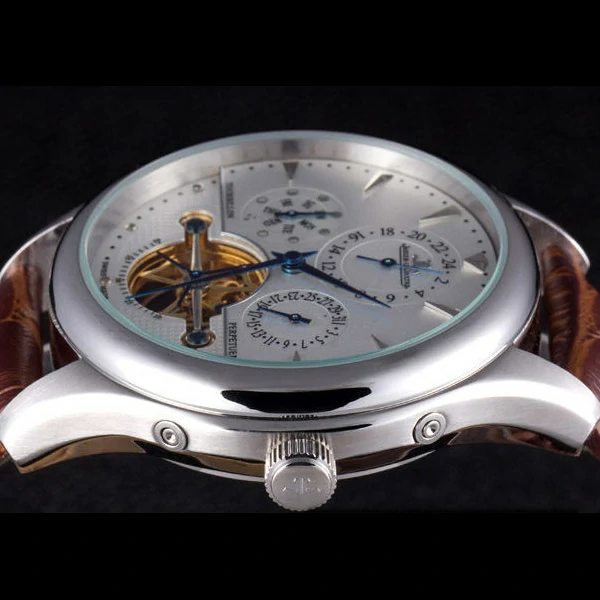 Jaeger Lecoultre Tourbillon Perpetuel Silver Bezel Brown Leather Band new59708