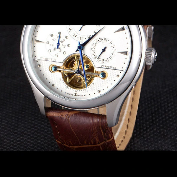 Jaeger Lecoultre Tourbillon Perpetuel Silver Bezel Brown Leather Band new59708