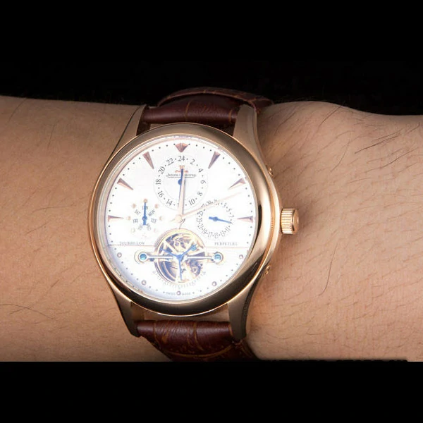 Jaeger Lecoultre Tourbillon Perpetuel Gold Bezel Brown Leather Band new59709
