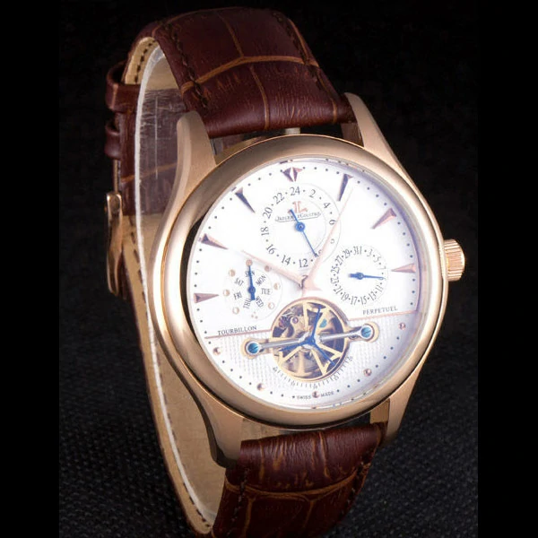 Jaeger Lecoultre Tourbillon Perpetuel Gold Bezel Brown Leather Band new59709