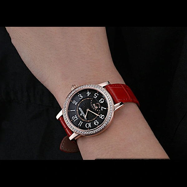 Jaeger LeCoultre Rendez Vous Black Dial Red Leather Strap Diamond Bezel new59985