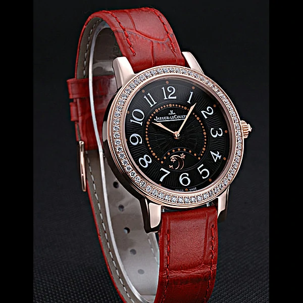 Jaeger LeCoultre Rendez Vous Black Dial Red Leather Strap Diamond Bezel new59985