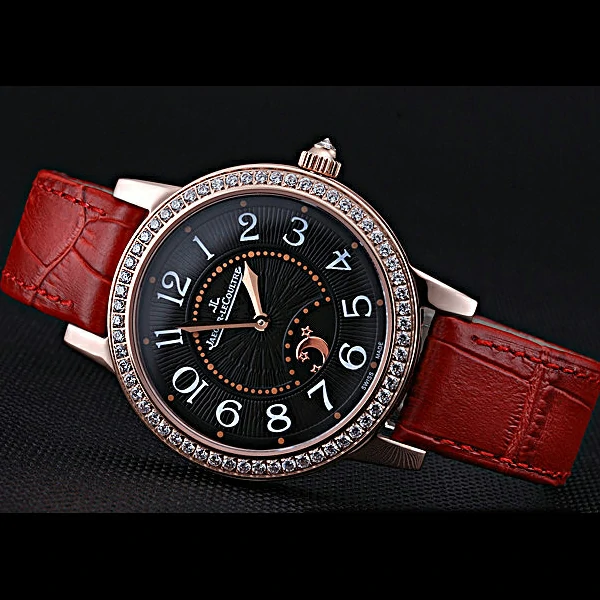Jaeger LeCoultre Rendez Vous Black Dial Red Leather Strap Diamond Bezel new59985