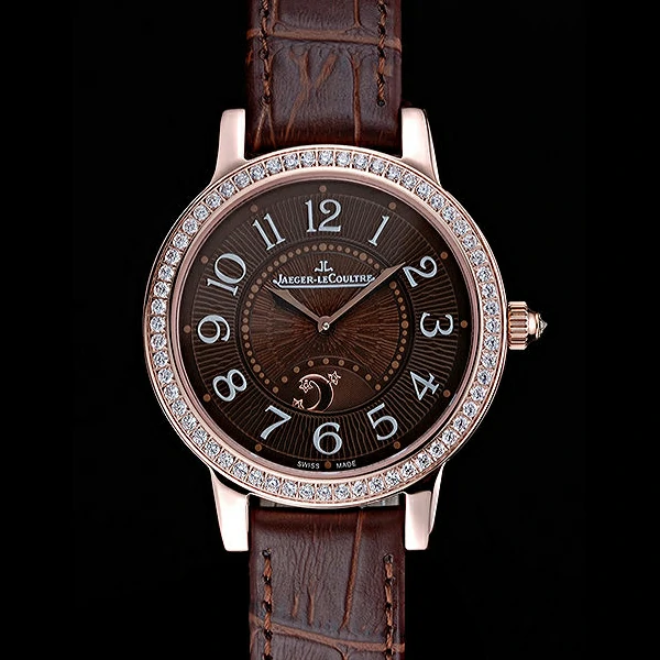 Jaeger LeCoultre Rendez Vous Brown Dial Brown Leather Strap Rose Gold Diamond Bezel new59986