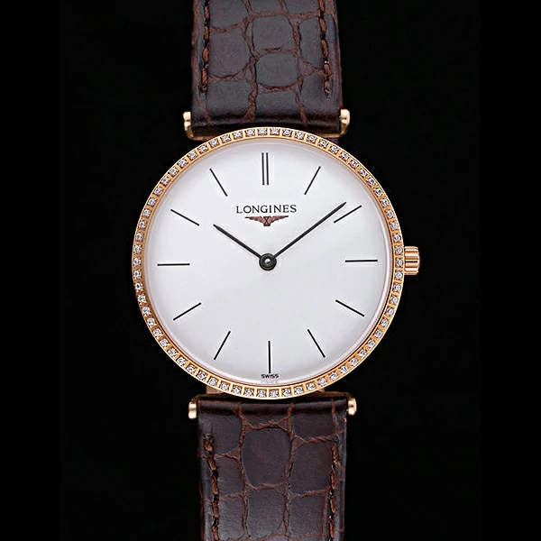 Longines La Grande Classique Diamond Bezel White Dial Brown Leather Strap Homme new60014