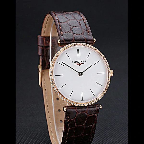 Longines La Grande Classique Diamond Bezel White Dial Brown Leather Strap Homme new60014